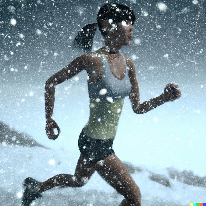 3D render of young woman running in a blizzard