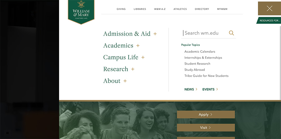 Screenshot of William and Mary homepage with menu opened