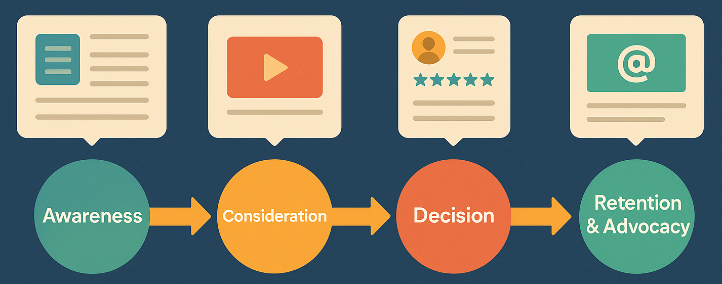 Infographic showing the customer journey stages—Awareness, Consideration, Decision, and Retention & Advocacy—each paired with a content type icon, including blog posts, videos, reviews, and email, connected by arrows to illustrate progression."