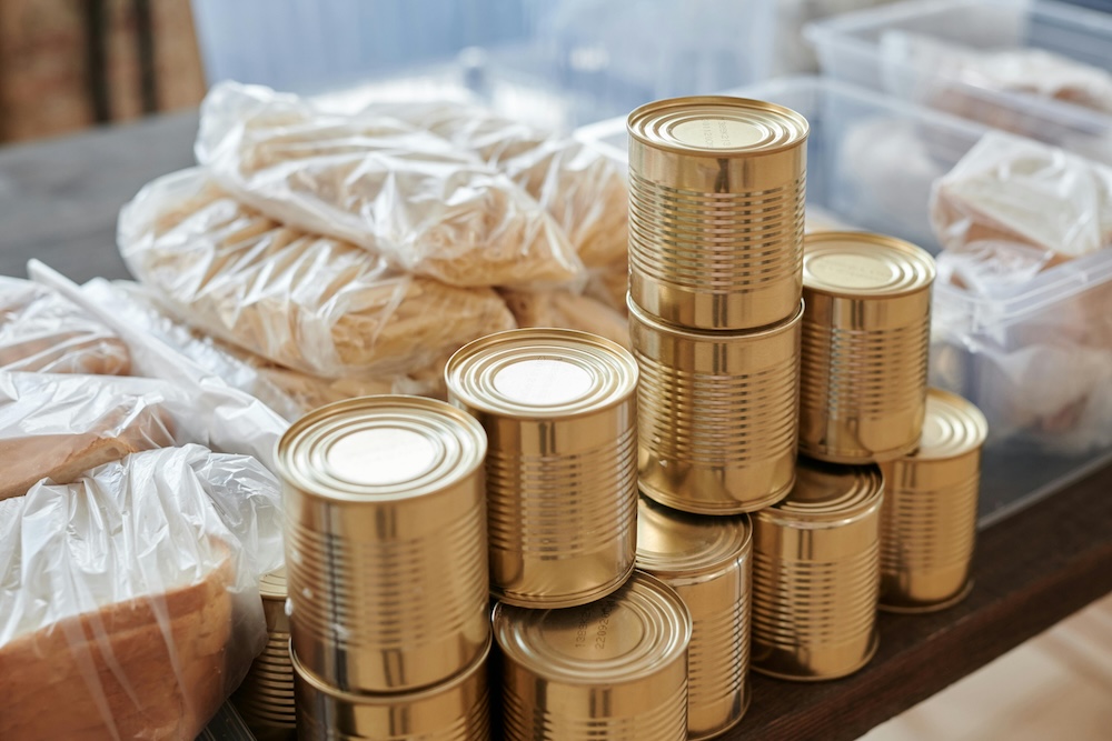 Stacked can and bagged pasta